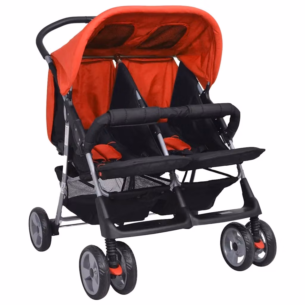 Passeggino Gemellare Pieghevole vidaXL in Acciaio Rosso e Nero con Ruote Orientabili – 2