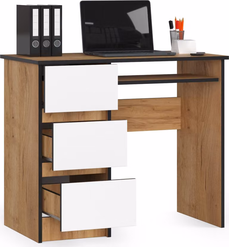Scrivania da 90 cm con 3 cassetti e ripiano estraibile per tastiera; scrivania per computer, scrivania da lavoro