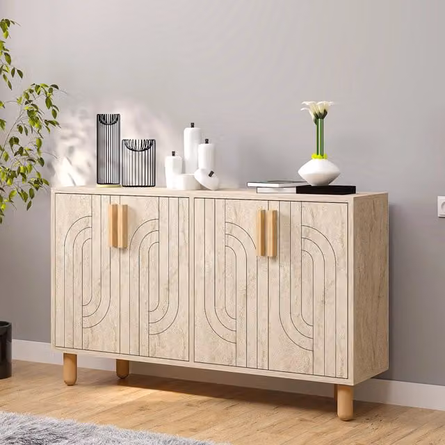 Madia Venerina DMORA, Credenza Moderna con 2 Ripiani, Beige Marmo, L 120 x P 30 x H 74 cm