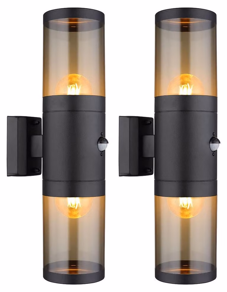 set di 2 lampade da esterno, faretti up e down, acciaio inox, nero, H 42cm
