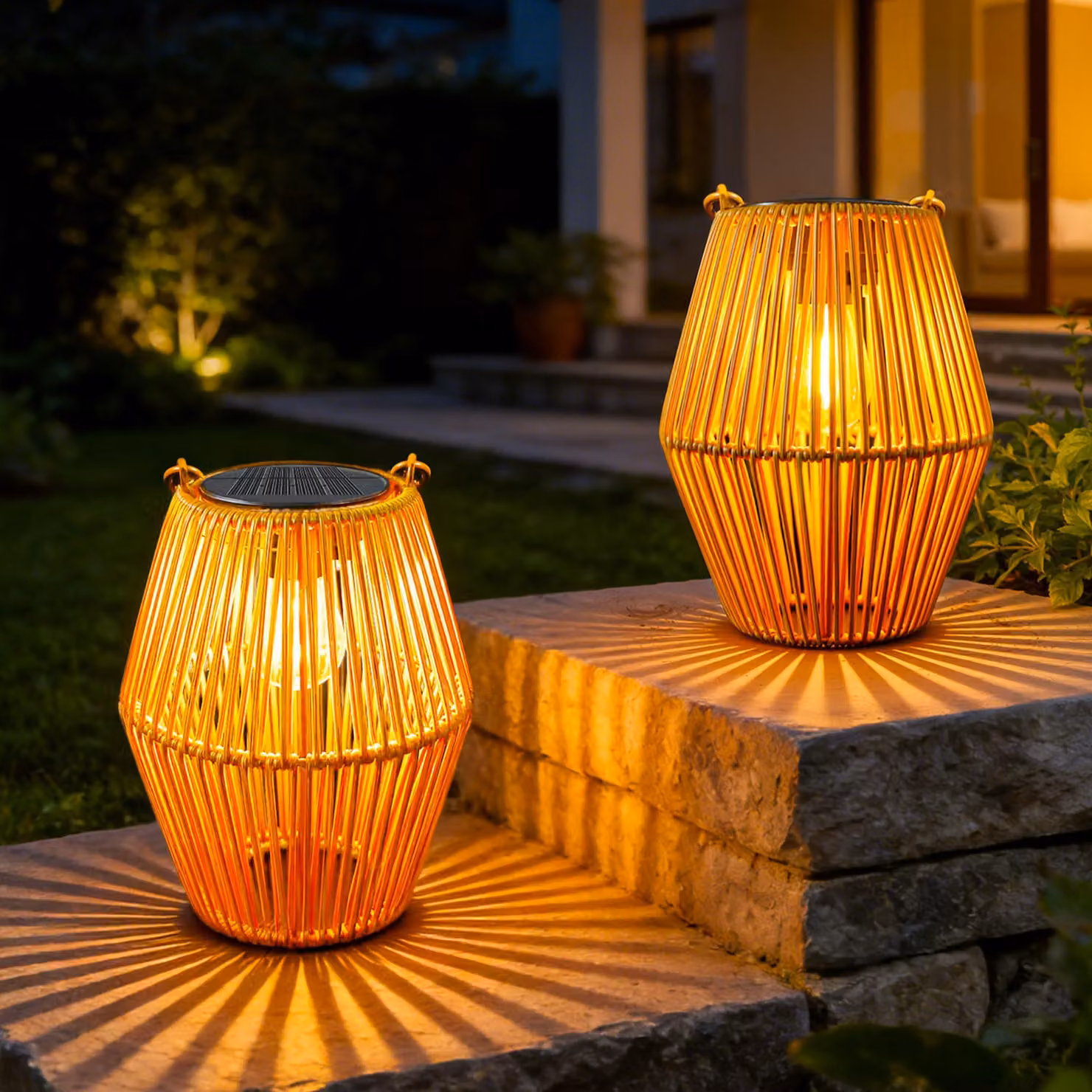 Set di 2 lanterne solari, in rattan sintetico, stile bohémien, grado di protezione IP44, luce bianco caldo