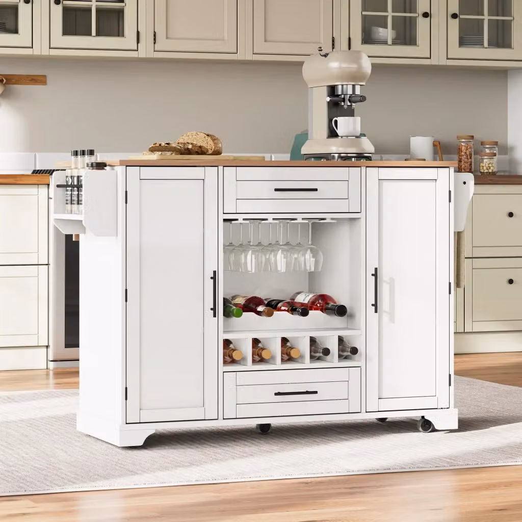 Carrello da cucina OKWISH in MDF bianco con piano estraibile, 2 ante, 2 cassetti e porta bottiglie in stile vintage con ruote – 2