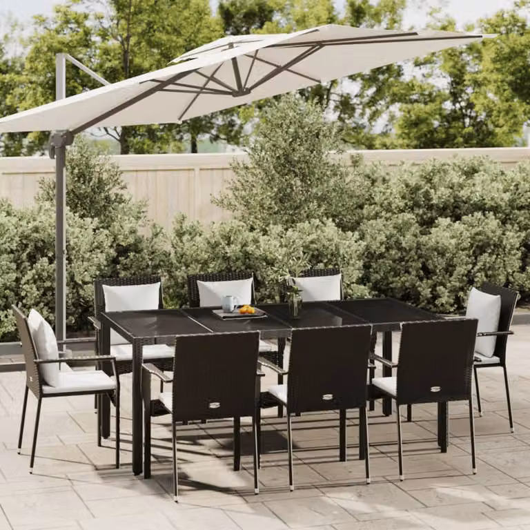 Set da pranzo da giardino vidaXL in polyrattan nero con 9 pezzi e cuscini