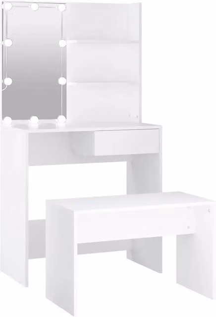 Set Tavolo da Toeletta | Tavolo da Trucco Bianco con LED in Legno Multistrato