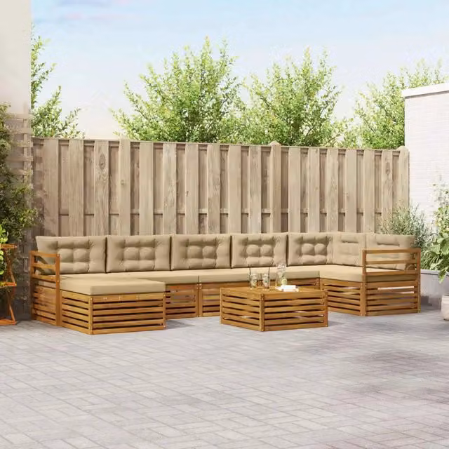 Set di divani da esterno vidaXL 8 pz in legno di acacia con cuscini beige e marrone – 1