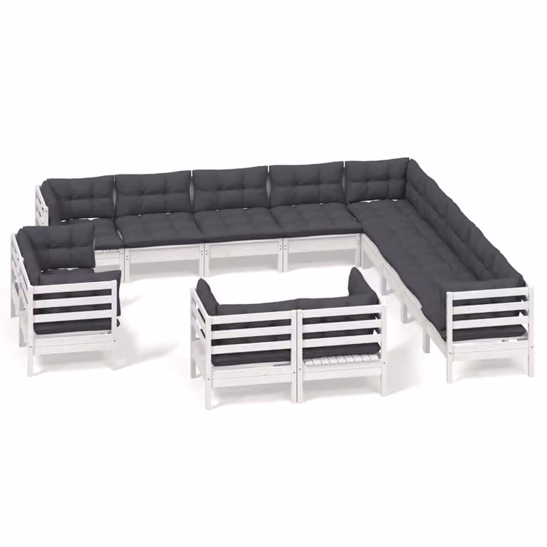 Set Divani da Giardino 13 pz con Cuscini Bianchi Legno di Pino
