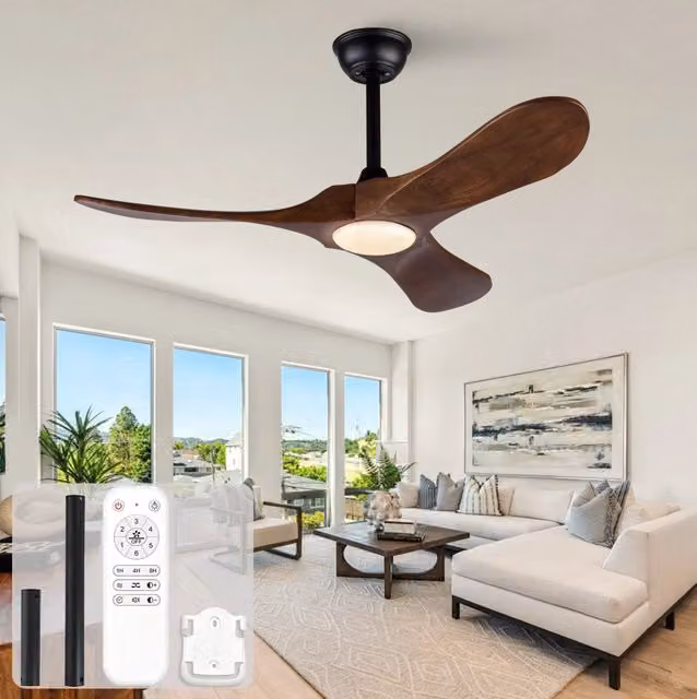 Ventilatore da soffitto con LED dimmerabile, telecomando e pale in legno massello, disponibile in nero o marrone, diametro 106,68 cm