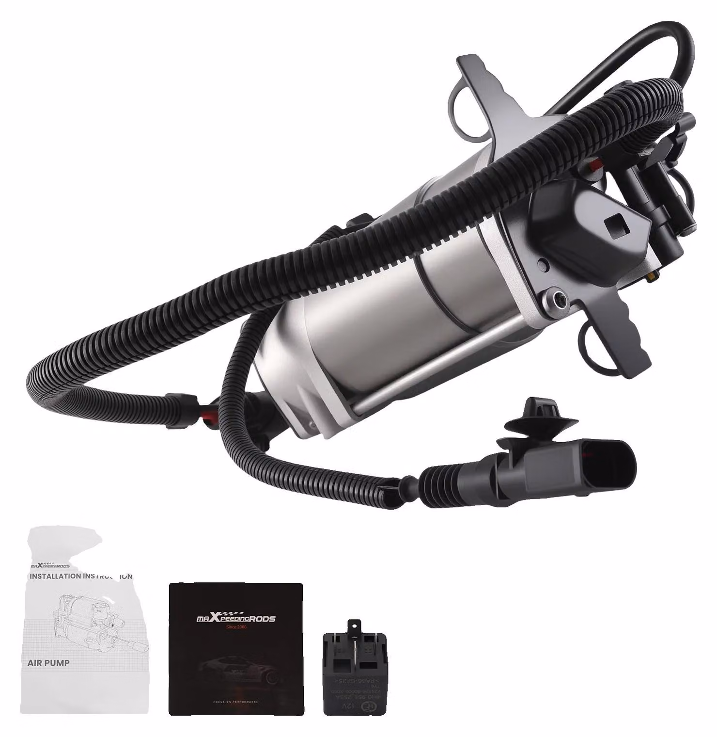 Pompa per sospensioni pneumatiche, tensione 12V, corrente 15A, compatibile con motori a 6/8 cilindri, realizzata in plastica e metallo ad alta resistenza, con relè incluso