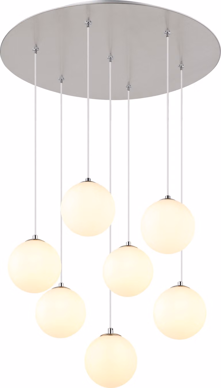 Lampada a sospensione a LED, metallo, globi di vetro, 7 fiamme, H 120 cm