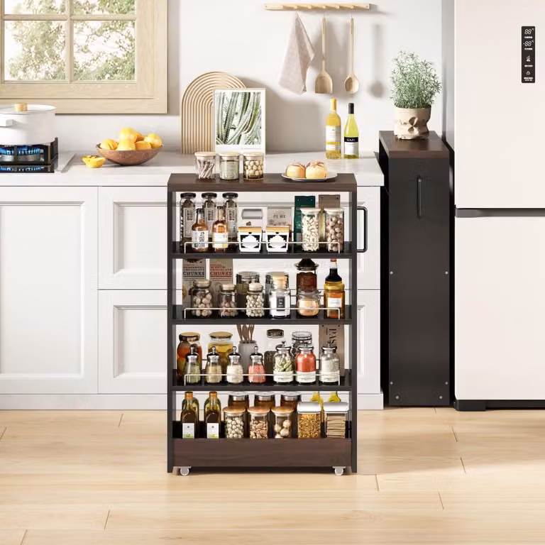 Mobile da nicchia snello su rotelle, 16 cm di profondità. Mobile da cucina stretto, nero e marrone effetto legno, con 4 ripiani regolabili, 55x16x85 cm. Carrello portaoggetti per cucina e bagno