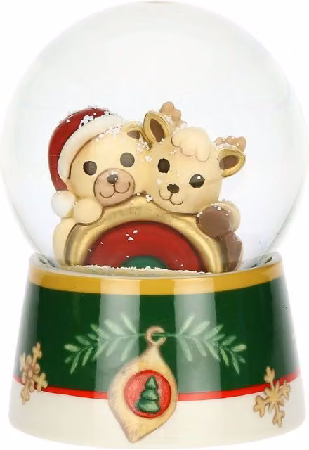 Palla di neve Thun con Teddy, Renna Robin e arcobaleno, decorazione natalizia multicolore in resina, ceramica e vetro