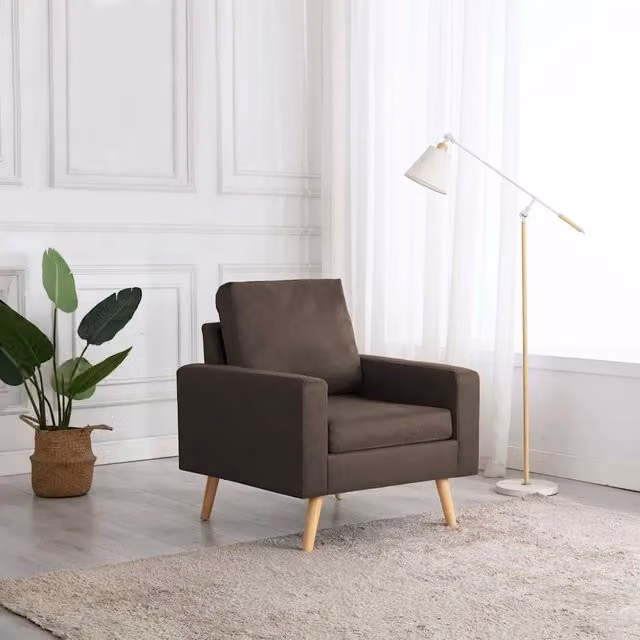 Poltrona moderna in tessuto marrone con struttura in legno e braccioli 365502 – 1