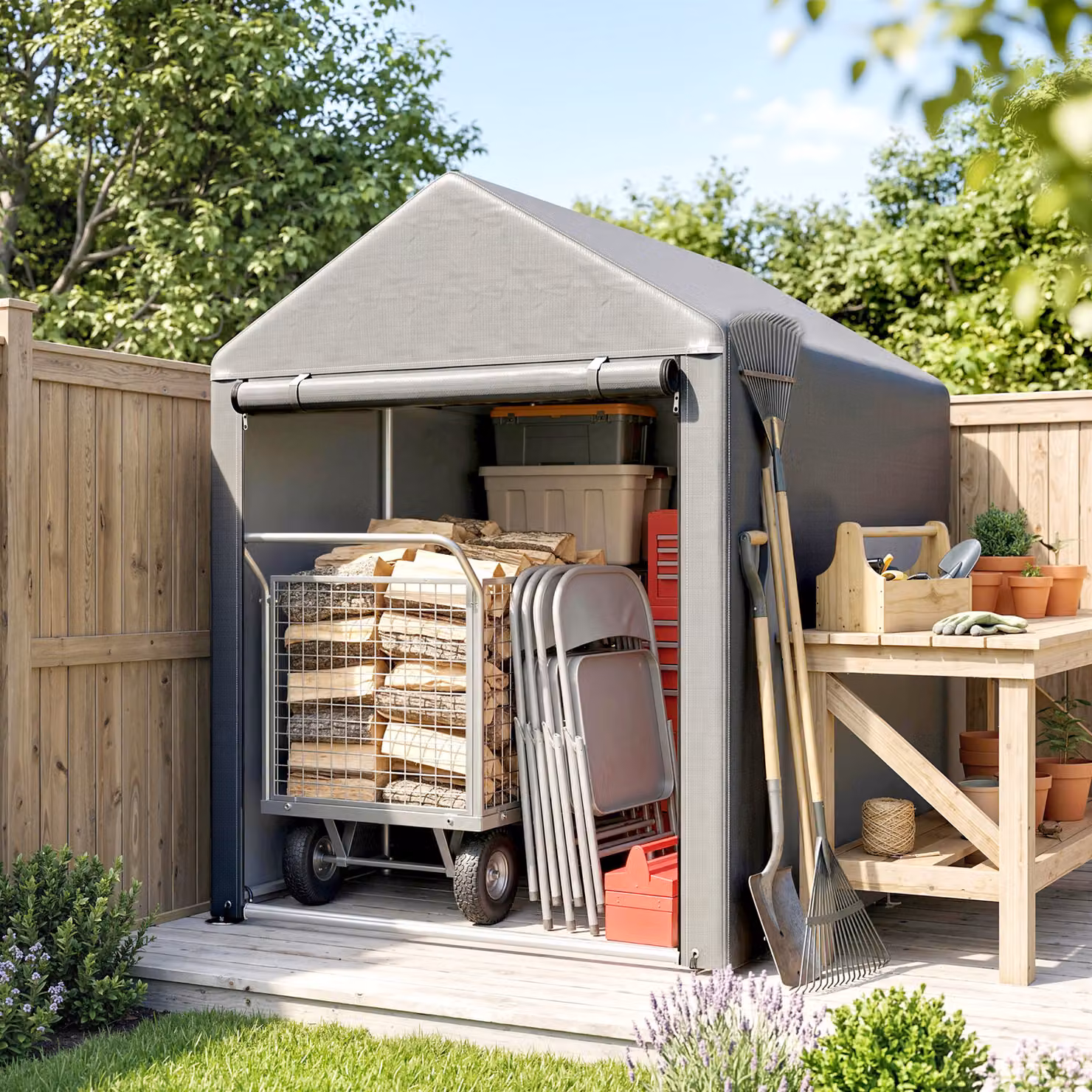 Outsunny Capanno Attrezzi e Garage con Copertura Anti UV e Telaio in Metallo, L/P/H: 120 x 179 x 165 cm, Grigio Chiaro – 2
