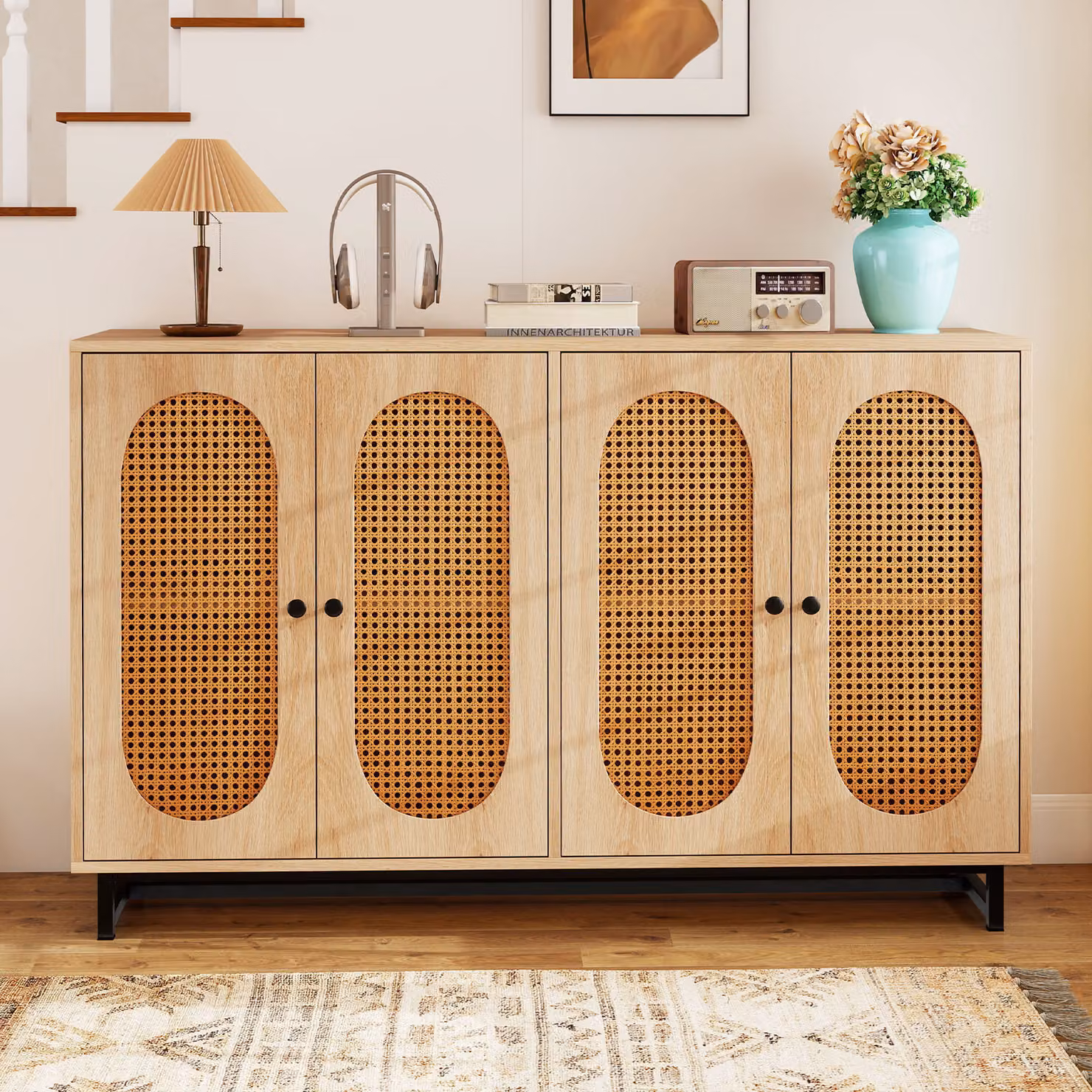 Credenza Costway in stile scandinavo con ripiani in rattan e gambe in metallo, armadio buffet per cucina, sala da pranzo e soggiorno, Colore Beige/Marrone, L: 126 cm, P: 40 cm, H: 81 cm