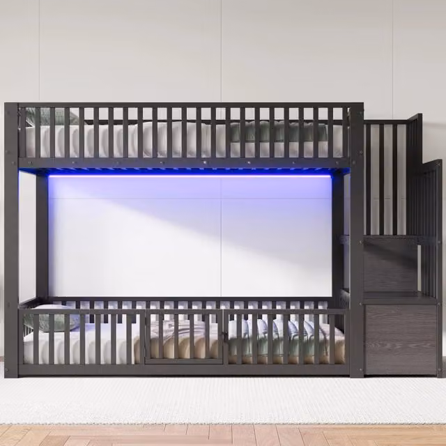 Letto a castello 90×200 cm, letto 2 posti con LED, scala con contenitore, senza materasso, nero