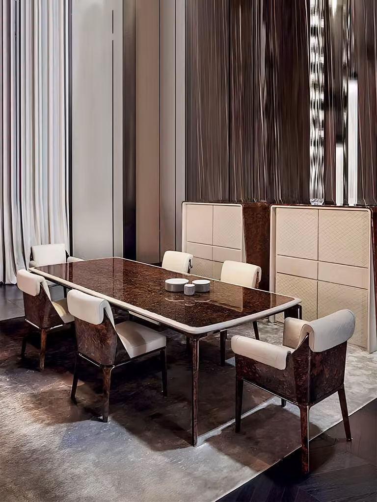 Designer Holz Tisch Poliert 6x Stuhl Set Stühle Tische Ess Wohn Zimmer Garnitur