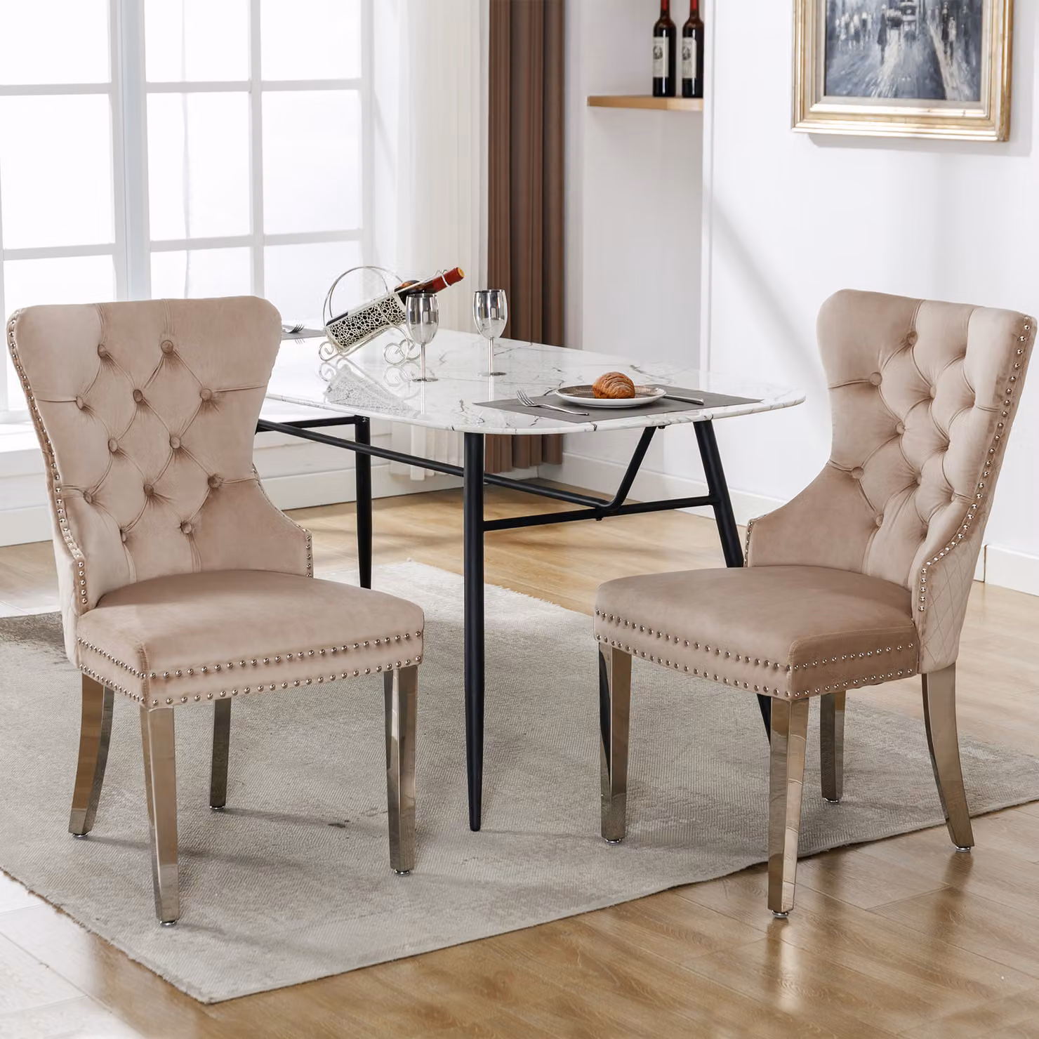 okwish, 2 sedie da pranzo, sedie per la cucina, sedie per l'ufficio, poltrone, sedie imbottite, gambe in metallo, rivestimento in velluto (beige con decorazioni a forma di chiodi)