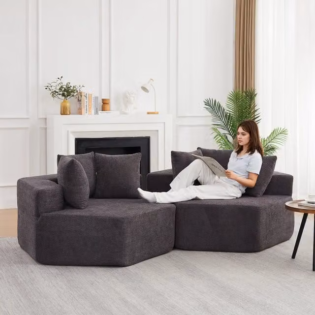 Poltrona modulare esagonale con seduta morbida e 3 cuscini, per relax, in chenille e schiuma con molle, grigio