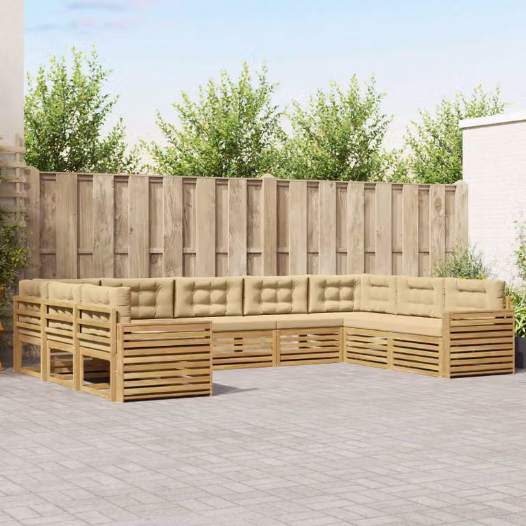 vidaXL Set di divani da esterno a L in legno di acacia con cuscini, Bianco e Beige