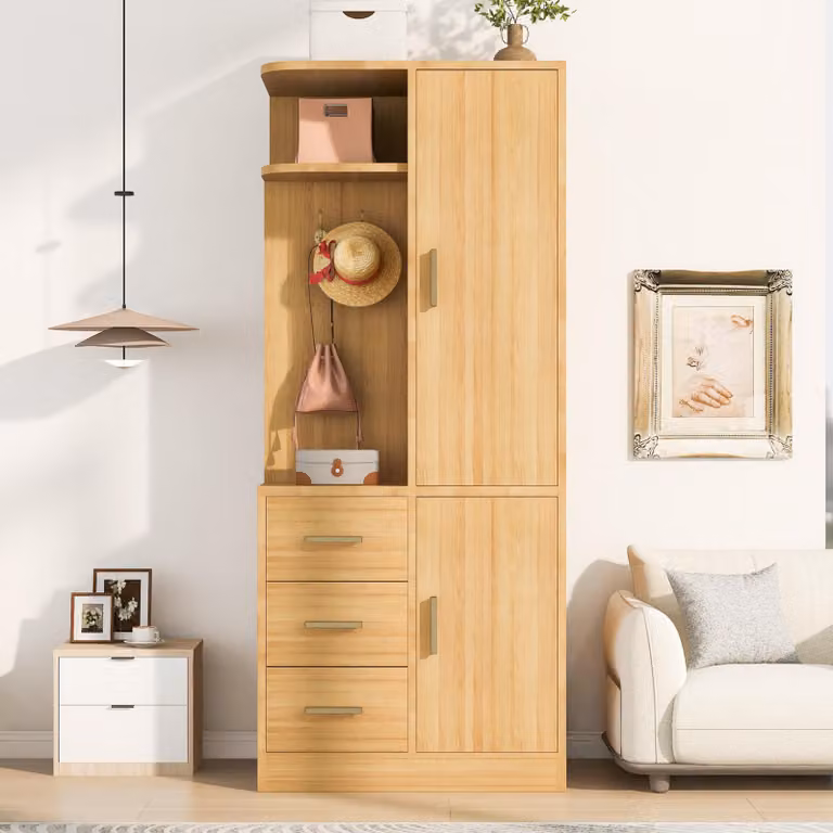 Armadio ingresso oolwish con 3 cassetti e ganci per appendere, mobile contenitore con ripiani e barra appendiabiti, ideale per l'ingresso o la camera da letto, finitura naturale