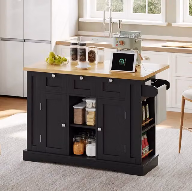 Isola da cucina mobile in MDF effetto legno; piano ribaltabile 132x40(70)x87 cm; naturale e nero