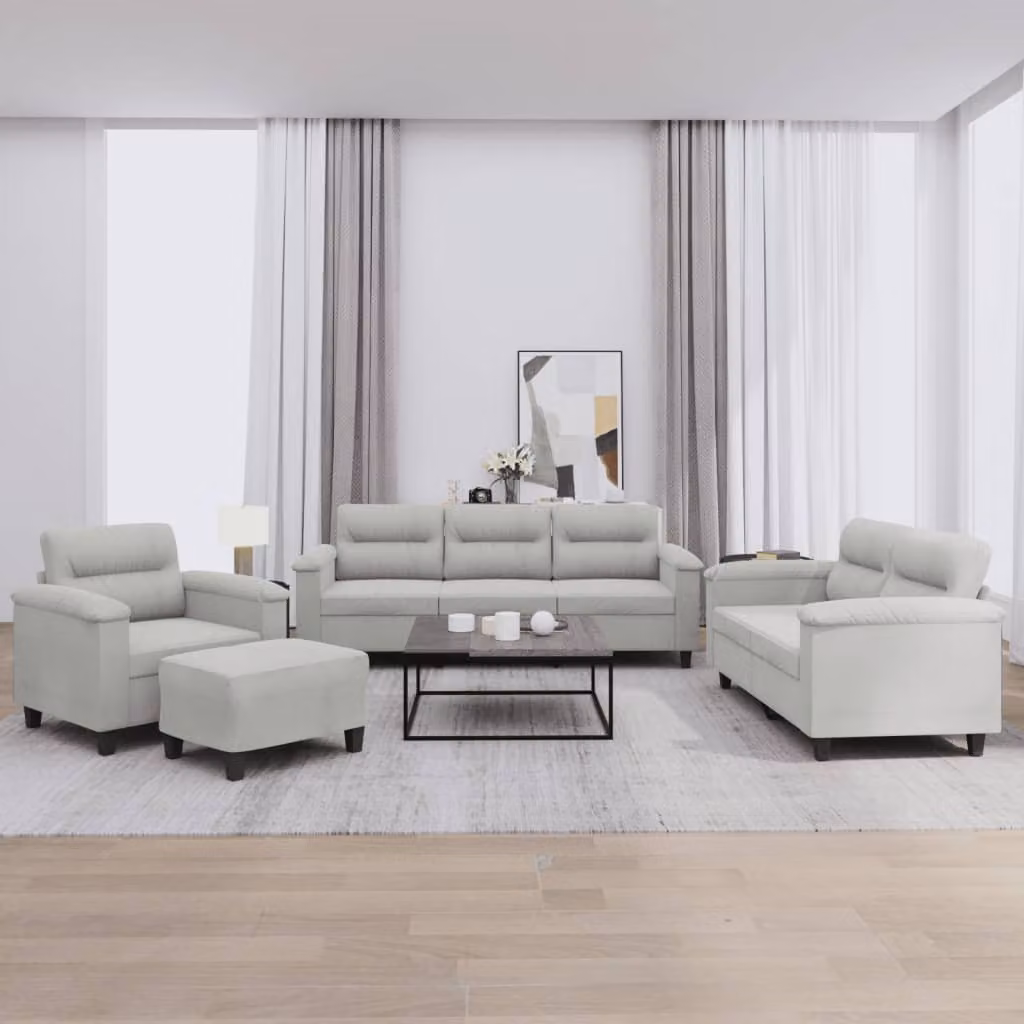 Set di Divani vidaXL 4 Pezzi in Microfibra Grigio con Ottoman e Cuscini per Soggiorno – 1