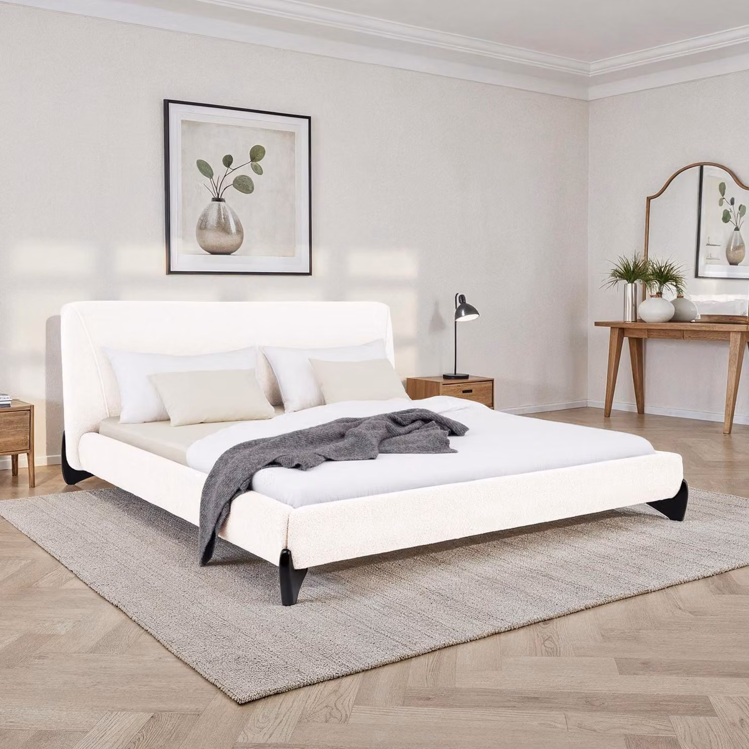 Letto imbottito PATERNA imbottito 180 x 200 cm, bianco - letto matrimoniale moderno con robusta rete a doghe in legno, rivestimento in tessuto bouclé e gambe in legno design mid-century