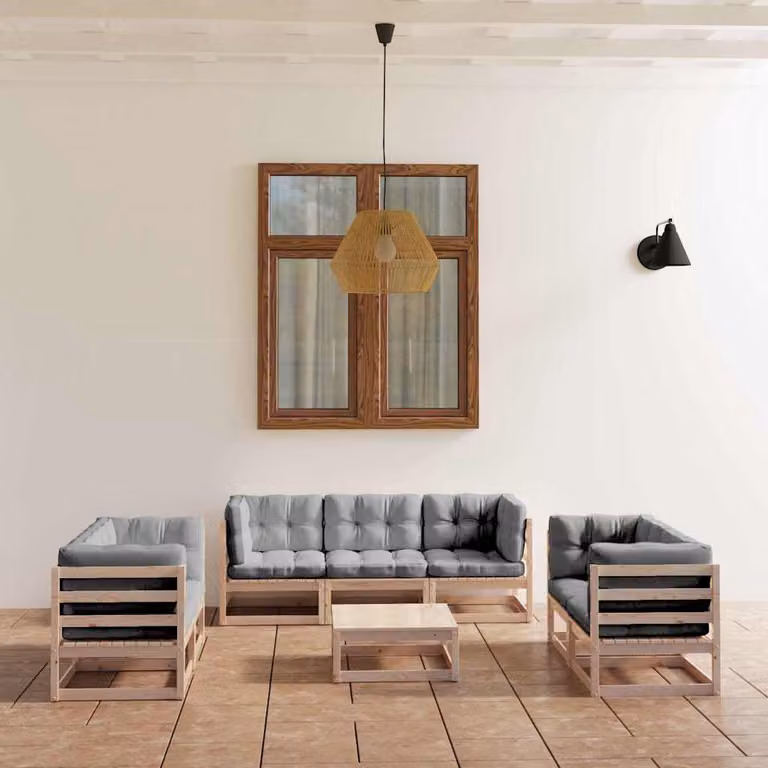 Set Divani da Giardino vidaXL 8 Pezzi in Legno di Pino con Cuscini Grigio Moderno