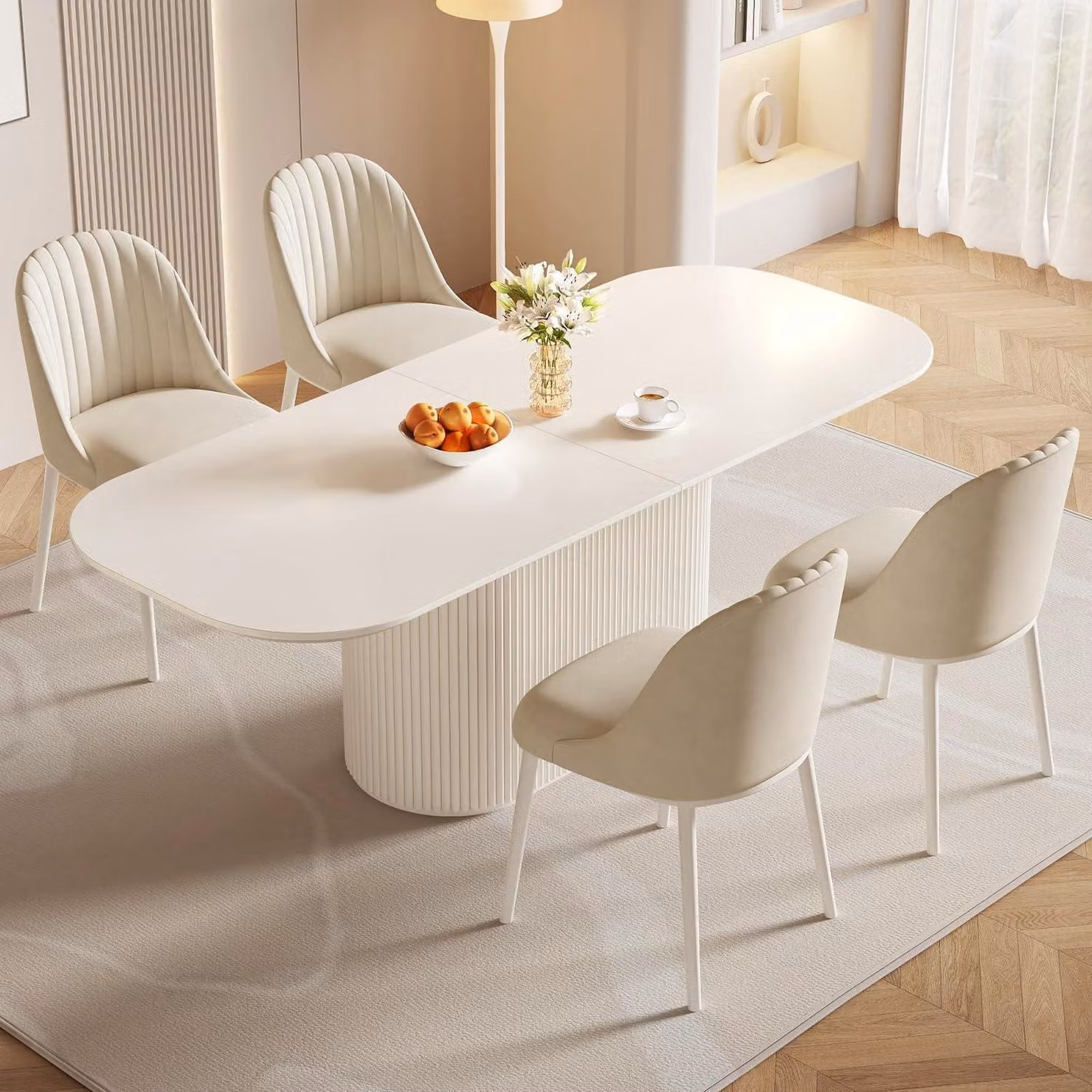 Set da pranzo con tavolo e 4 sedie, design scandinavo, colore bianco, lunghezza 220 cm