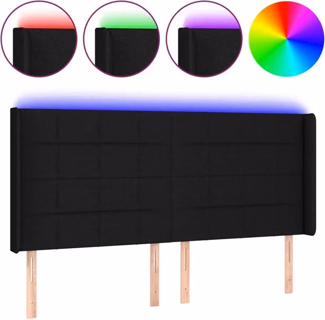 Testata del letto con illuminazione LED e porta di ricarica USB in tessuto nero, L: 183 cm, P: 16 cm, H: 118/128 cm