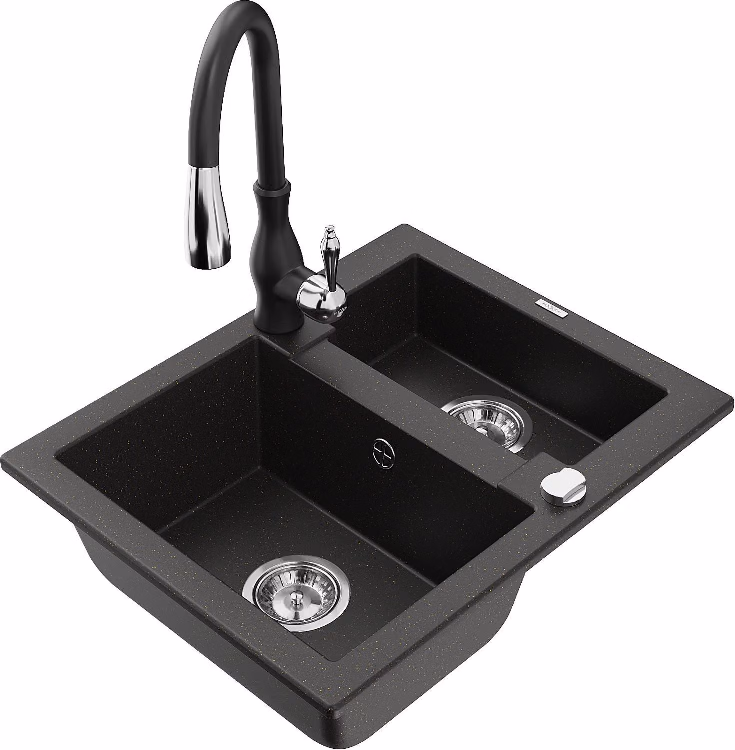 Mexen Carlos lavello in granito da 1,5 vasche con rubinetto da cucina Savita, nero/oro metallizzato - 6518-75-672601-70