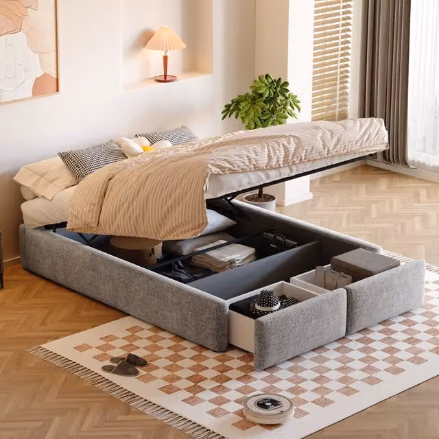 Letto contenitore matrimoniale 200×140 cm, sollevamento idraulico e 2 cassetti, senza materasso, grigio