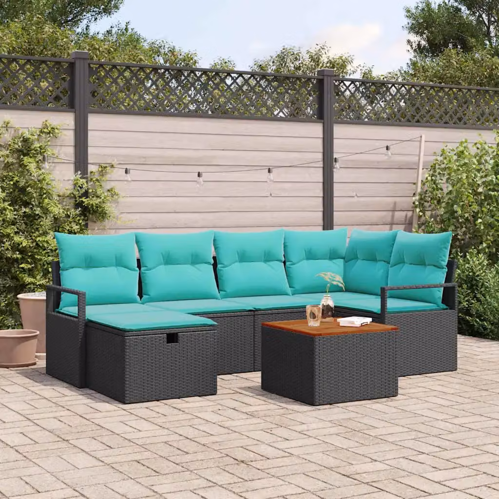 Set Divano da Giardino vidaXL 7 Pezzi in Polyrattan Nero con Cuscini e Tavolino