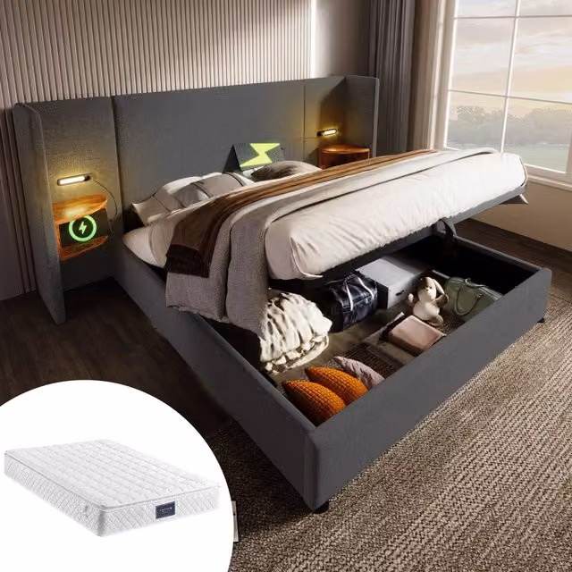 Letto matrimoniale 160x200cm con testiera multifunzione, LED, USB/Type-C e contenitore