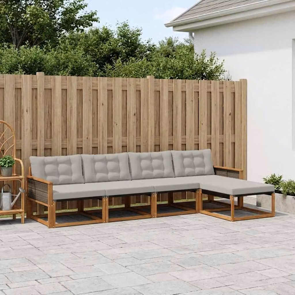 Set di divani da esterno vidaXL a forma di L in legno di acacia trattato con sedute in textilene, colore beige e grigio, composto da 5 pezzi con pouf e cuscini inclusi