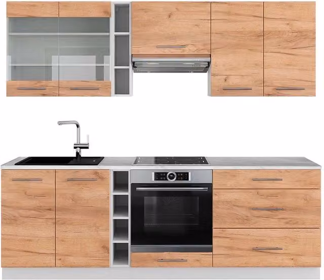Cucina componibile moderna Fame-Line Vicco in rovere e bianco con piano in marmo, L: 235 cm