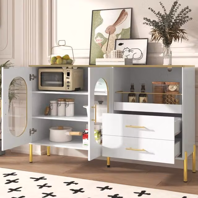 Credenza e madia OKWISH moderna in MDF bianco con ante in vetro e dettagli oro per soggiorno e sala da pranzo, L 140 x P 38 x H 90 cm
