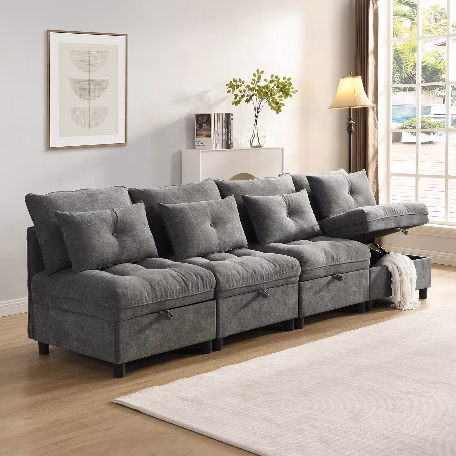 Divano letto modulare a 4 posti, dimensioni 274x76x87 cm, divano modulare componibile con spazio contenitivo sotto tutti i cuscini, rivestito in tessuto tipo chenille, ideale per il soggiorno