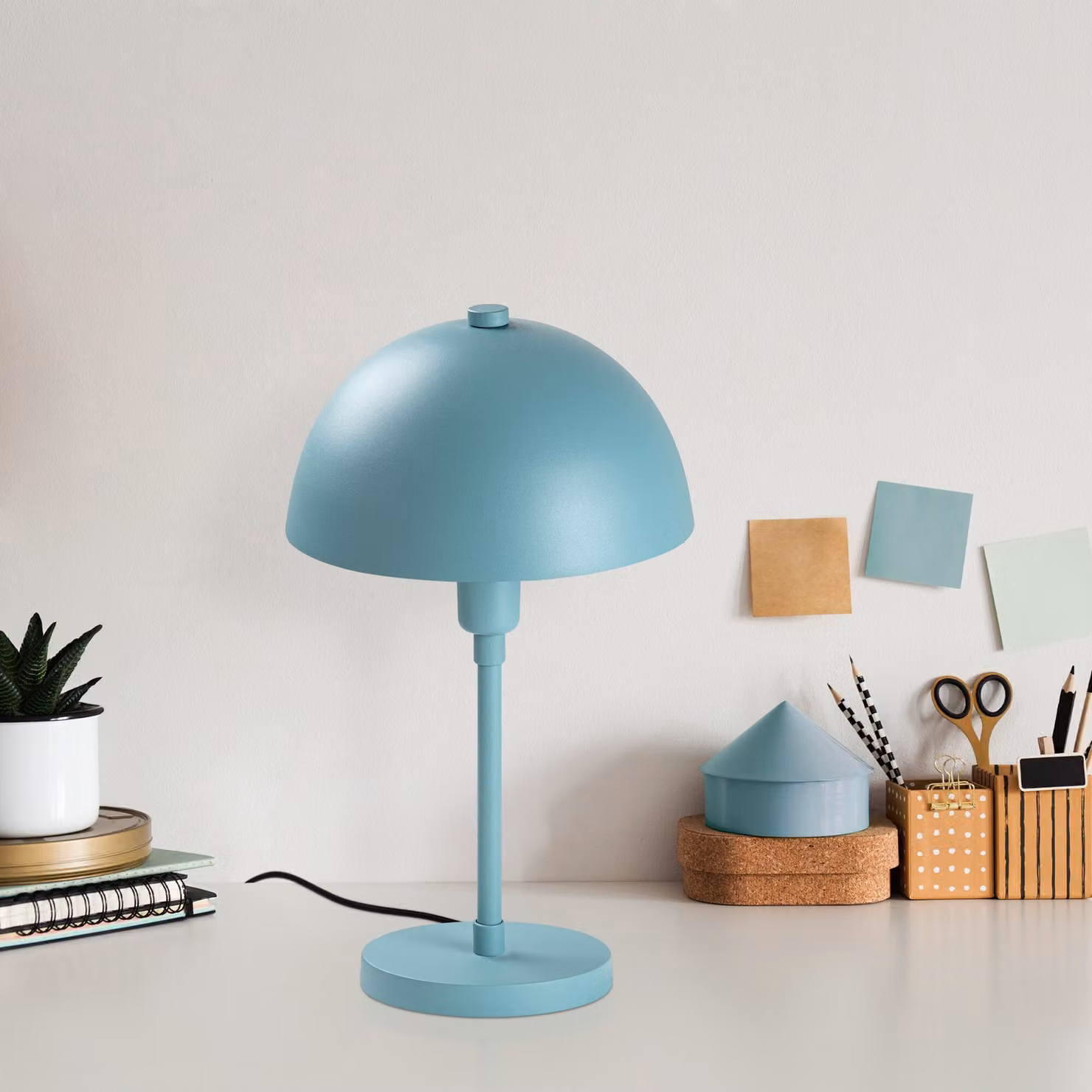 Opviq, moderna lampada da tavolo color turchese, struttura in metallo, 20 x 20 x 35 cm | Attacco E14, max. 40 W, cavo da 200 cm con interruttore | Elegante design scandinavo per la tua casa.