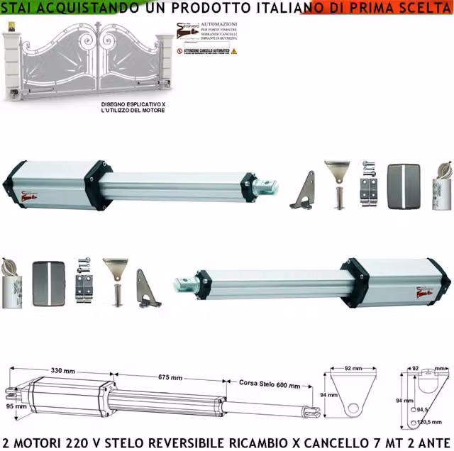 Motori Elettromeccanici Per Cancello 7 Metri 2 Ante Battenti da 3,5 Metri Stelo Retrattile Reversibile Corsa 600 mm 230 V Spinta 250 Kg Ricambio Universale Automazione Con Staffe e Bulloni