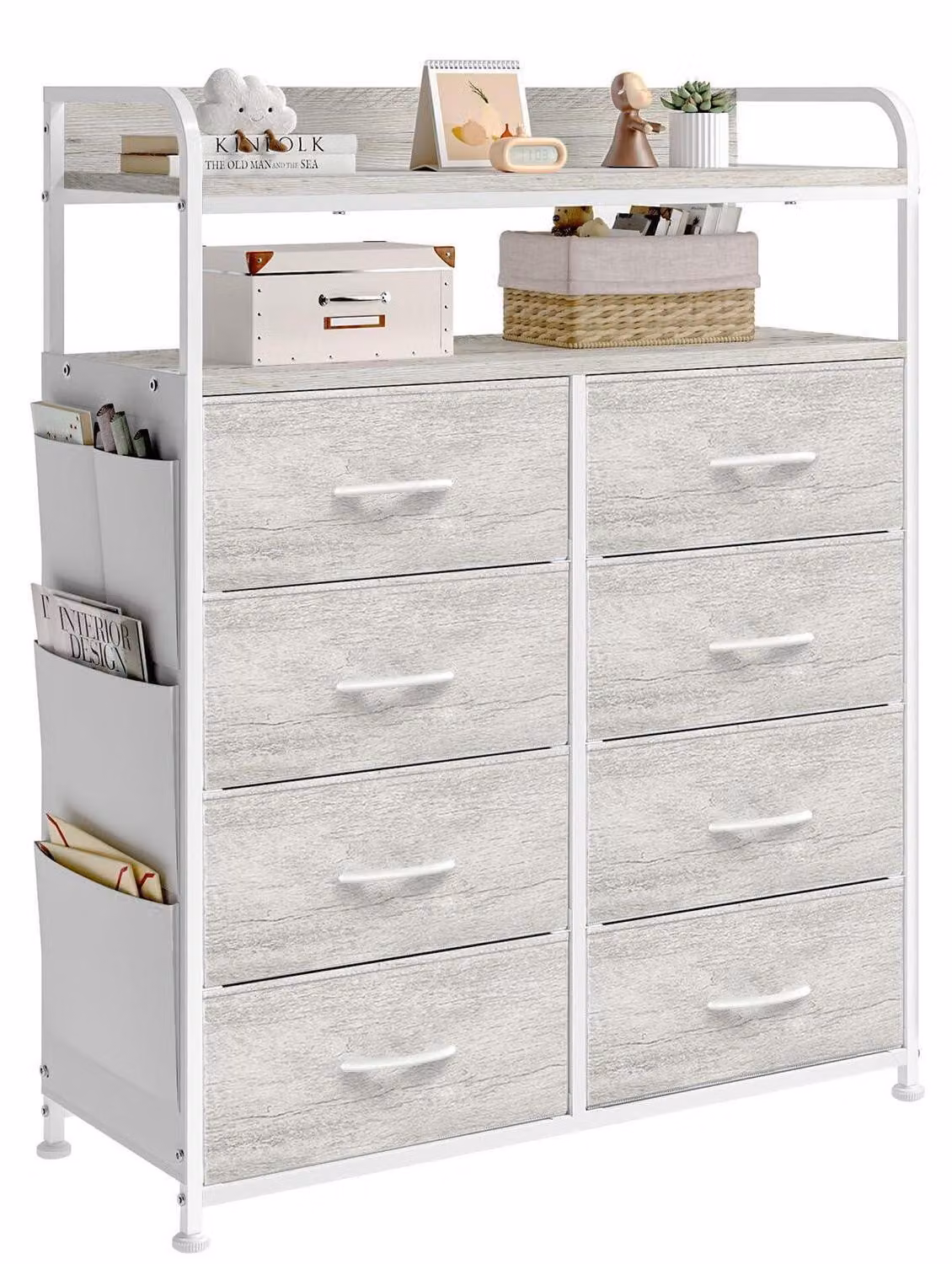 Comodino con 8 cassetti rivestiti in tessuto, 2 ripiani in legno e tasche laterali, finitura bianco e legno di quercia, dimensioni 80x30x100 cm