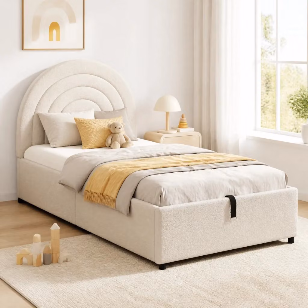 Letto Contenitore REDOM con Base a Sollevamento in Tessuto Bouclé Beige L: 90 cm x P: 200 cm – 2