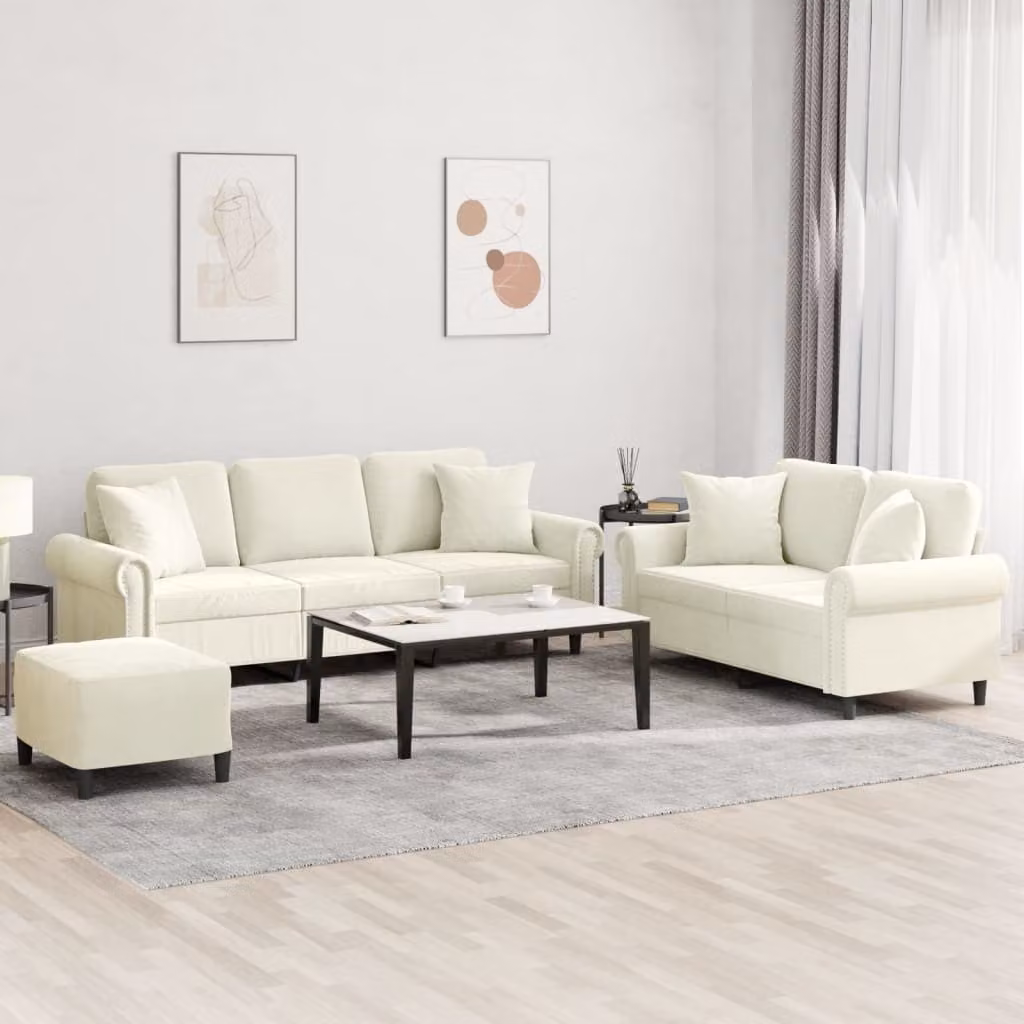 Maison Exclusive - Set divano a 3 pezzi con cuscini in velluto color crema