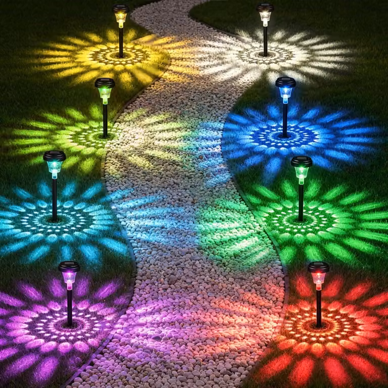 Set di 8 luci solari, luce bianco caldo e RGB, grado di protezione IP65, impermeabili, ideali per il giardino