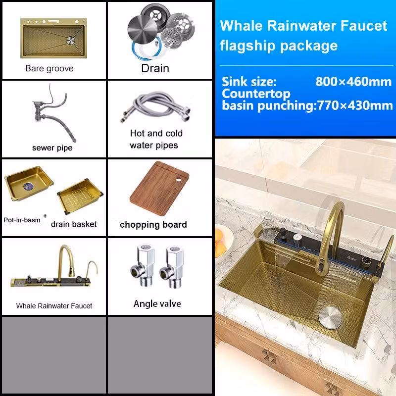 Lavello con rubinetto a cascata, display digitale e acciaio inossidabile