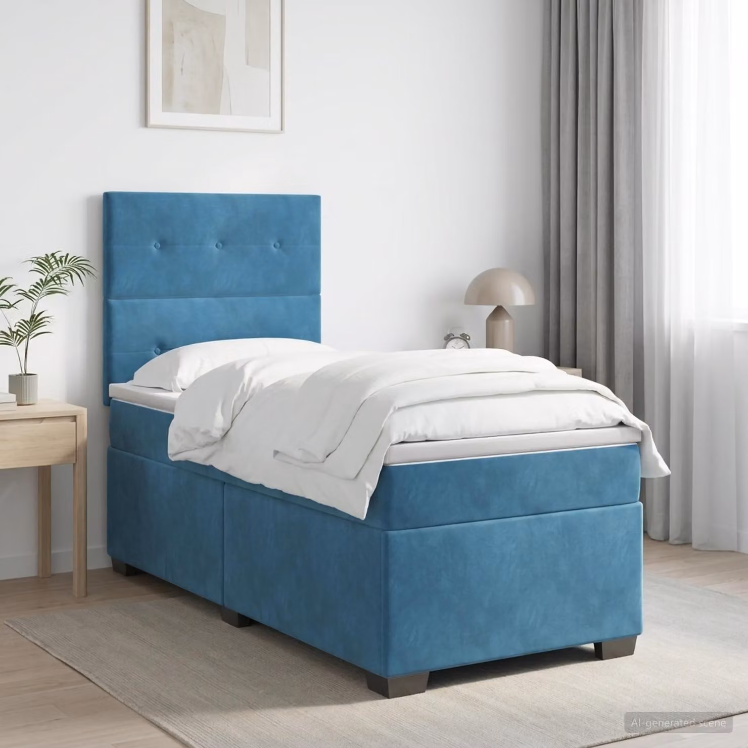 Letto a molle con materasso e testiera blu, 90 x 190 cm, rivestito in velluto