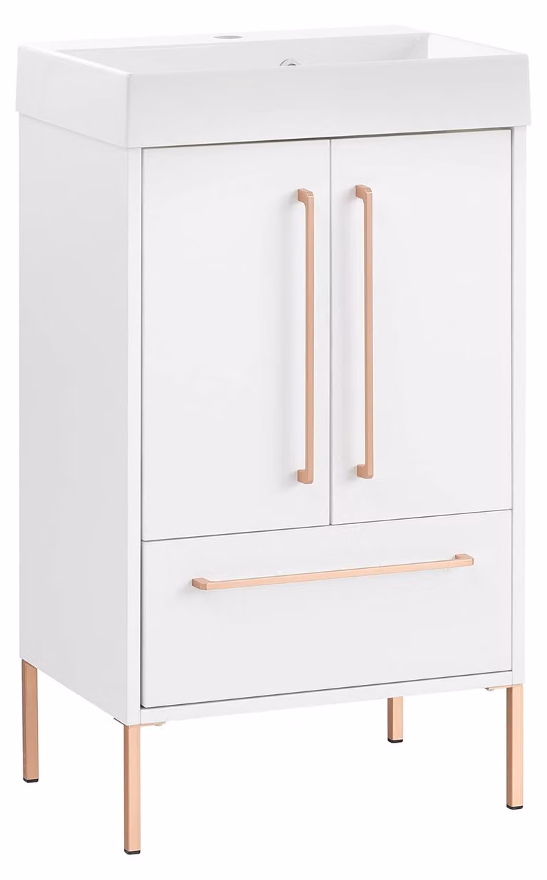 Mobile lavabo 50x36x89,3 cm, bianco/oro rosa, con 2 ante, 1 cassetto e sistema di chiusura ammortizzata