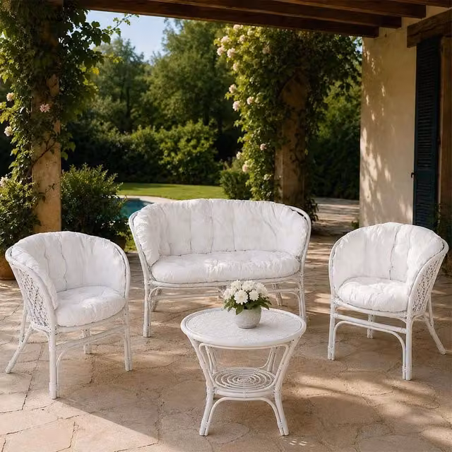 Salotto da giardino bahama in bambu con cuscini bianchi
