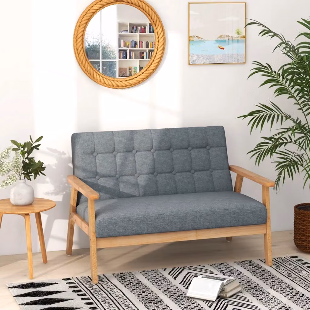 Divano a 2 posti in tessuto con design mid-century, struttura in legno di gomma e cuscini inclusi, Grigio – 2