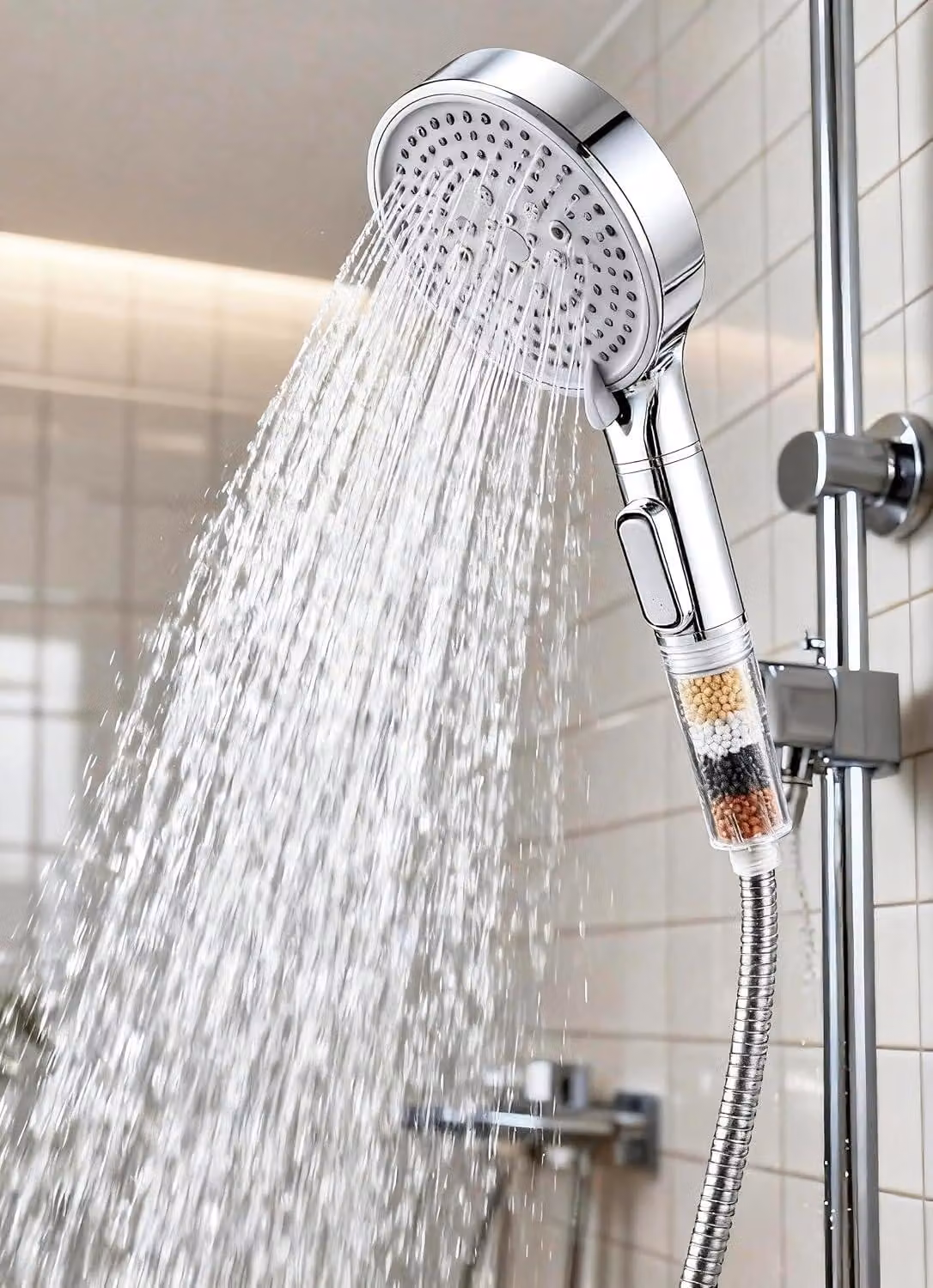 Doccia con 5 diverse modalità di getto, a risparmio idrico, con filtro a 3 strati, contenente minerali, di colore bianco, con finitura spazzolata, ideale per